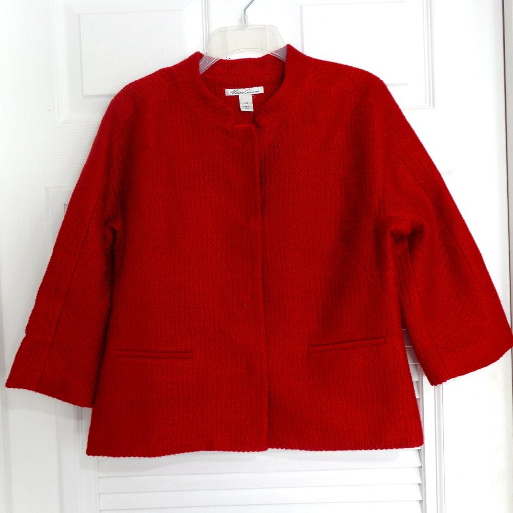 Kenneth Cole Women's Red Tweed 3/4 Slv. Snap Front Blazer Jacket Sz 10P Petites